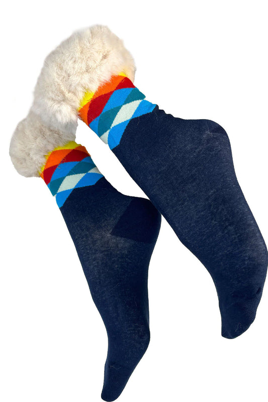 Navy and White Faux Fur Trim Silk blend Sock