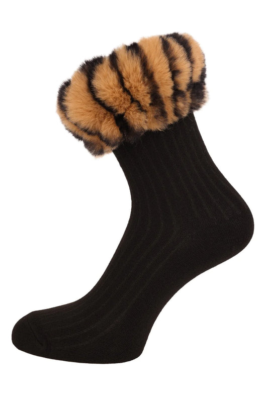 Black Faux Fur Trim Silk blend Socks