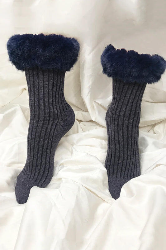 Blue Faux Fur Trim Silk blend Sock