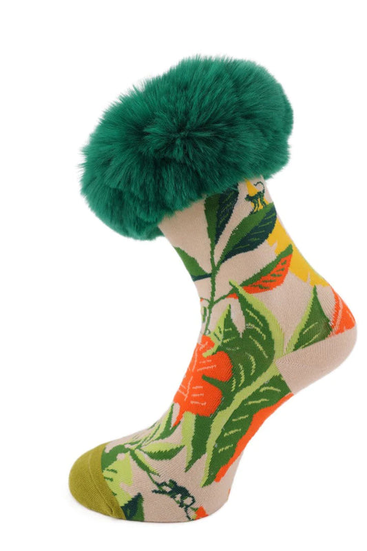 Floral print Faux Fur Trim Silk blend Sock